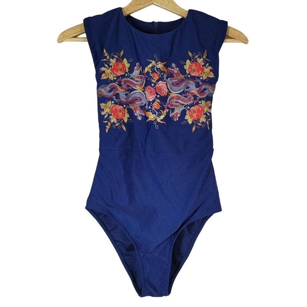 Women's Blue Embroidered One-Piece Swimsuit